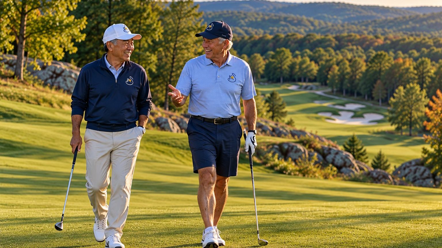 Members Walking the Fairway Two smiling Summit Club members walking the fairway with clubs in hand at a private golf course in Westchester, NY